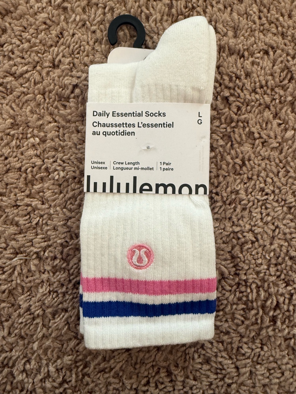 lululemon athletica White Crew Socks with Pink & Blue Stripes